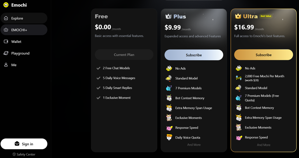 Emochi model picker showing which models cost Mochi per message