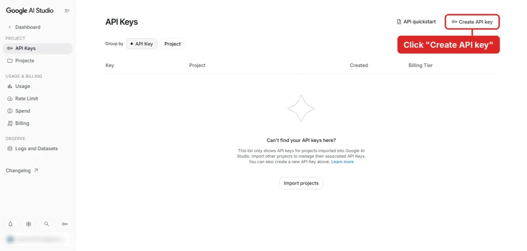 Google AI Studio API Keys page with the Create API key button highlighted