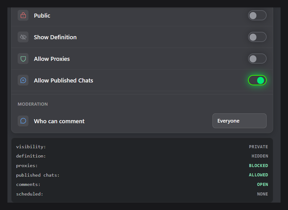 Janitor AI character settings panel with visibility PRIVATE,
definition HIDDEN, proxies BLOCKED and published chats ALLOWED