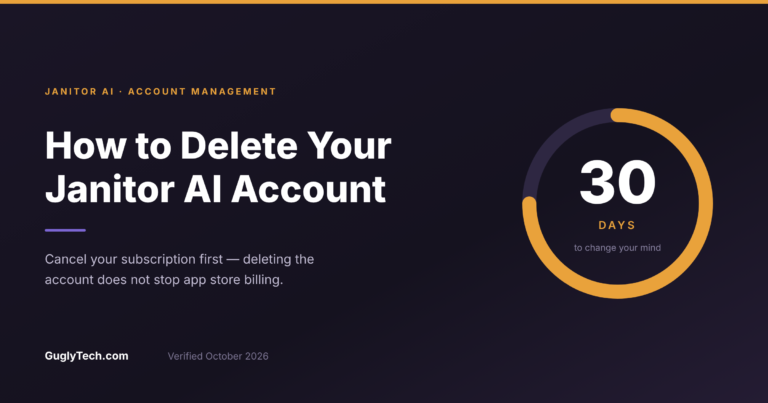 How to delete your Janitor AI account — guide cover showing the 30-day reversal windo