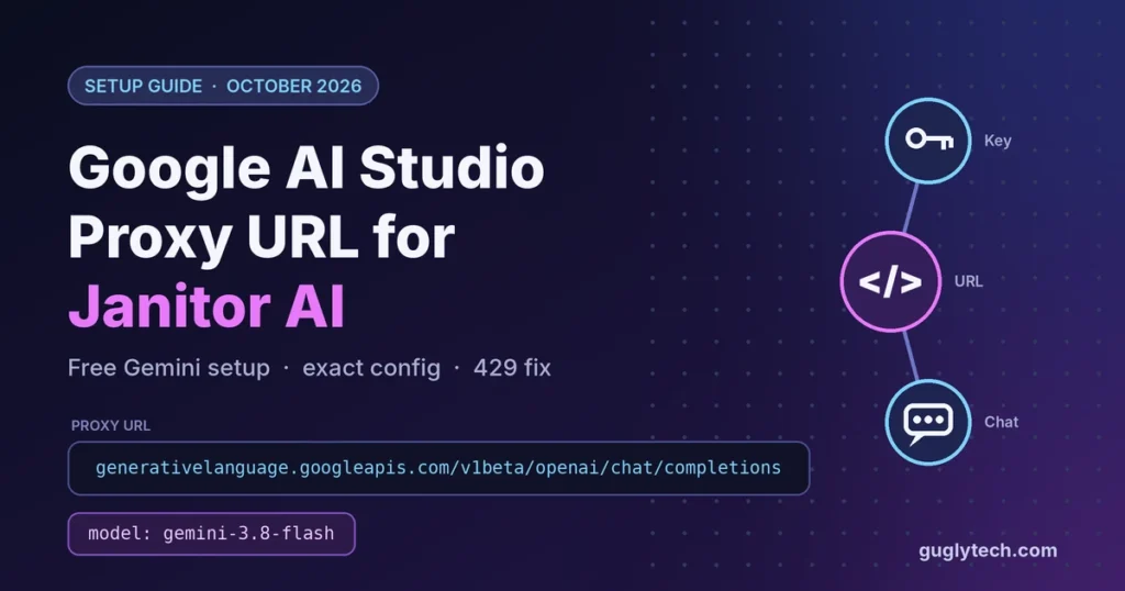 Google AI Studio proxy URL for Janitor AI with the Gemini model name gemini-3.8-flash