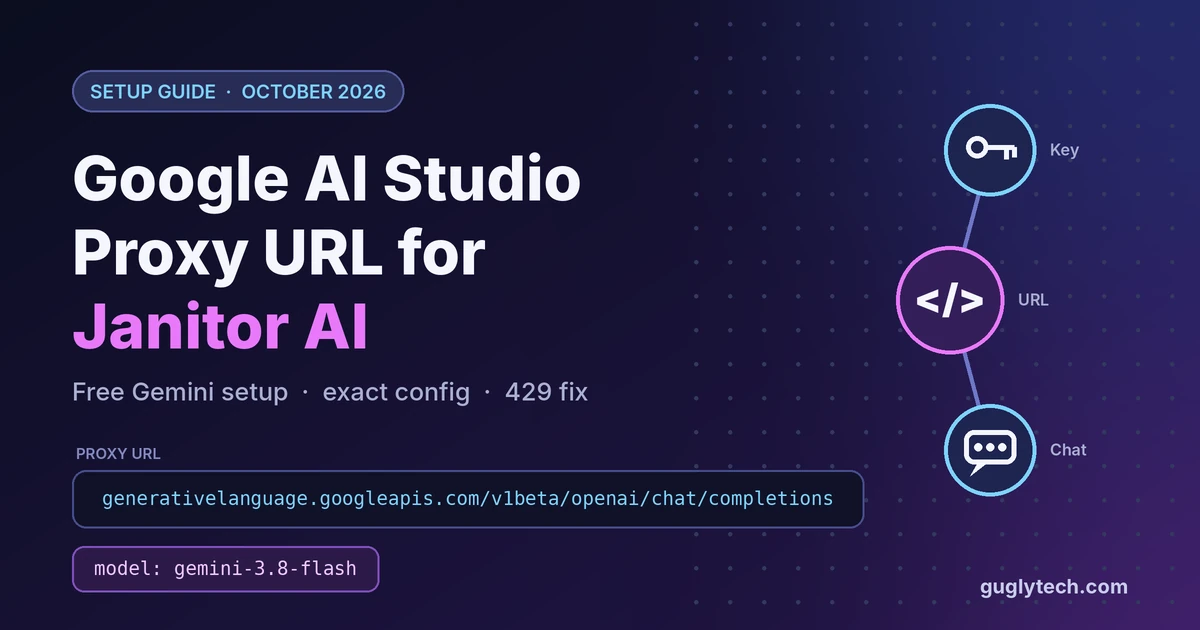 Google AI Studio proxy URL for Janitor AI with the Gemini model name gemini-3.8-flash