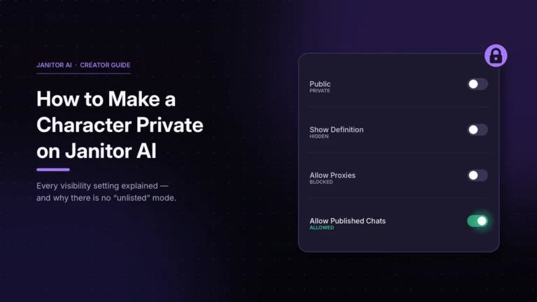 Janitor AI character visibility settings showing Public, Show Definition and Allow Proxies off, with Allow Published Chats on