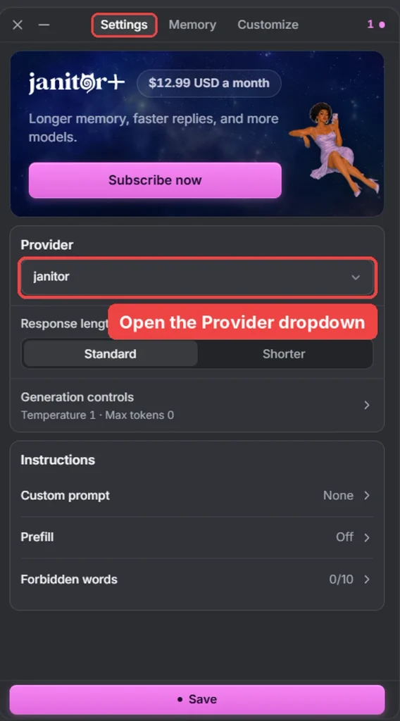 Janitor AI chat Settings panel with the Provider dropdown highlighted