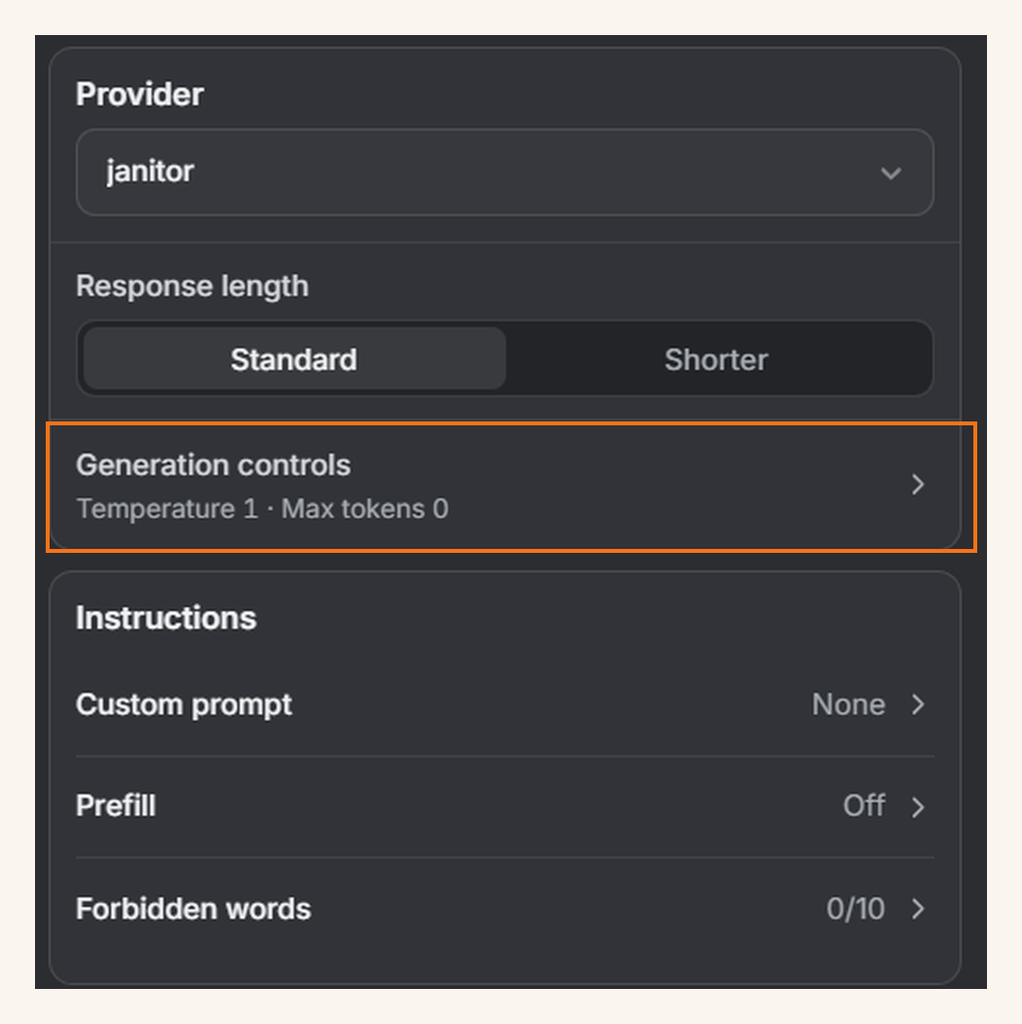 Janitor AI chat settings panel with provider set to janitor, showing Generation controls at Temperature 1 and Max tokens 0
